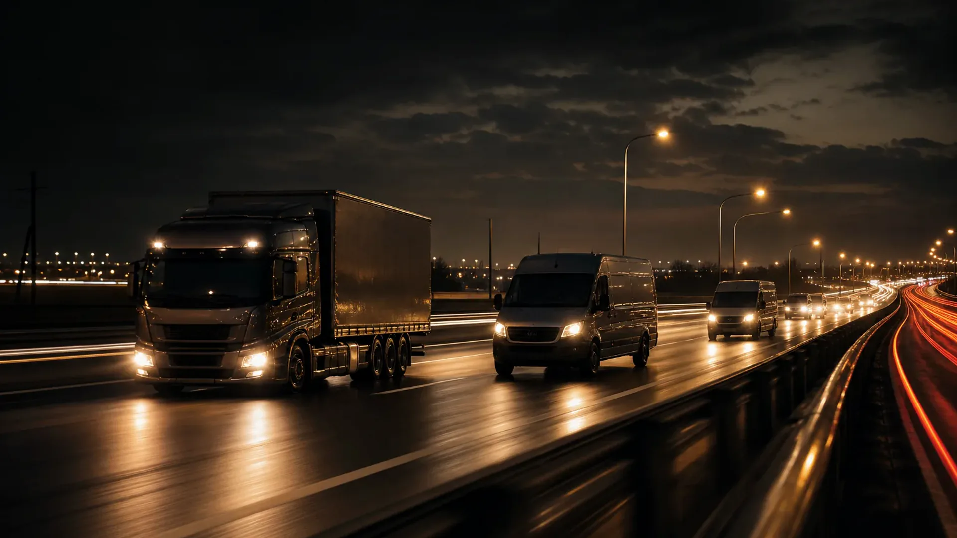 Nocna autostrada z pojazdami dostawczymi i ciężarowymi w ruchu — tło sekcji hero 1920×1080 px, plik WebP